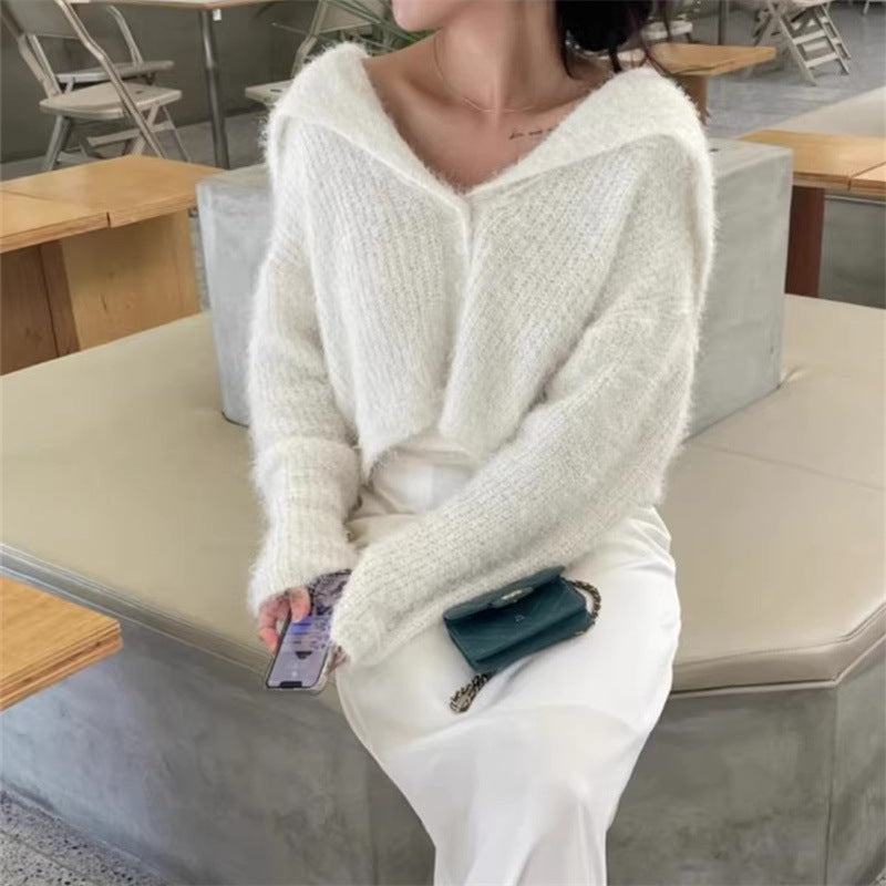 Damen lässiger Pullover mit tiefem V-Ausschnitt und strukturiertem Maschenmuster Drune