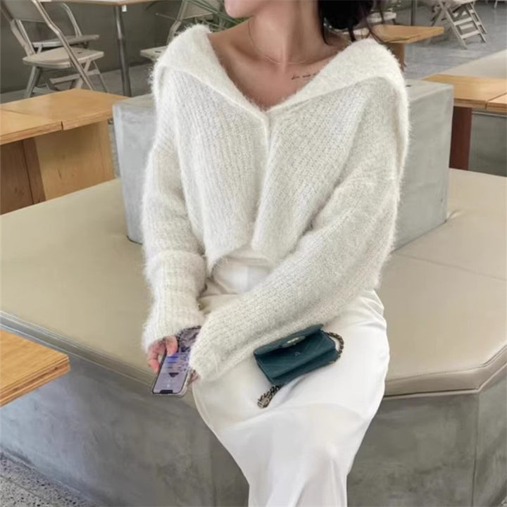 Damen lässiger Pullover mit tiefem V-Ausschnitt und strukturiertem Maschenmuster Drune