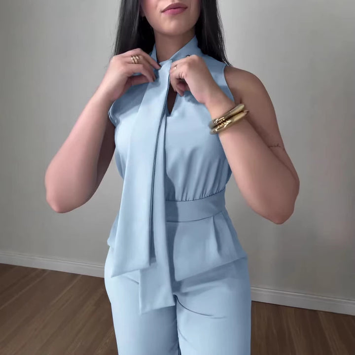 Damen eleganter Jumpsuit mit fließendem Schnitt und bindbarem Kragen Drune