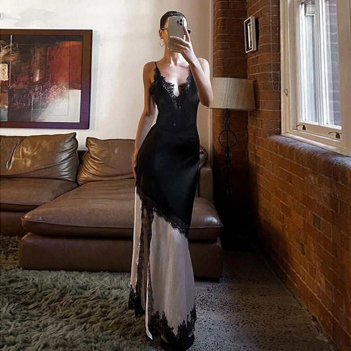 Damen elegantes Maxikleid mit Spitzenapplikationen und tiefem V-Ausschnitt Drune
