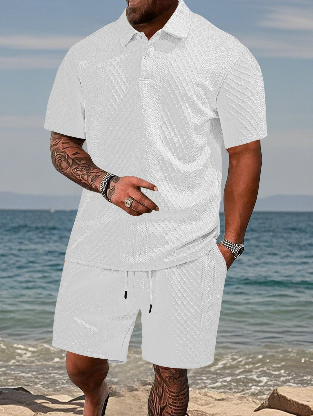 Herren nan geprägtes Strand-Ensemble mit offenem Kurzarm-Hemd und Kordel-Bermuda Drune