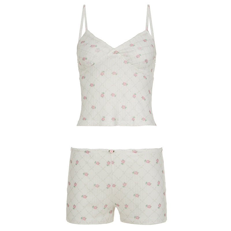 Damen Schlafanzug-Set mit zarten Blumenmustern und verstellbaren Trägern Drune