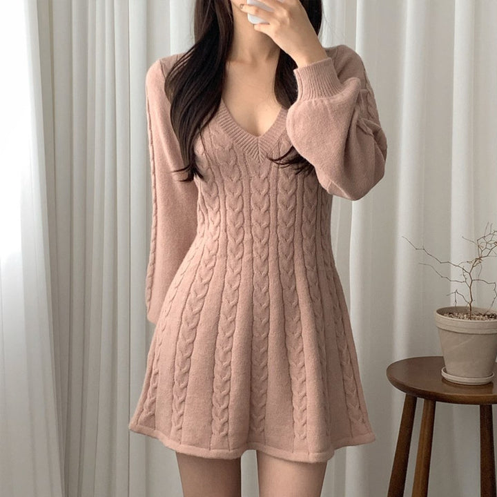 Damen Strickkleid mit V-Ausschnitt und langen Puffärmeln Drune