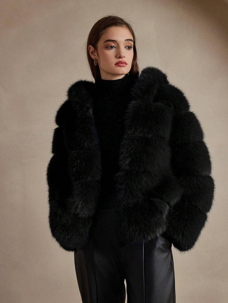 Damen Trendige Kunstpelzjacke mit Kapuze Drune