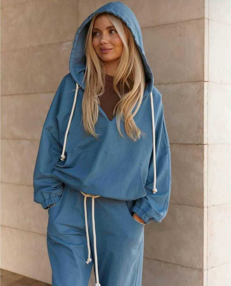 Damen lässiges Relaxed-Fit Freizeit-Set mit Kapuzenpullover und bequemen Jogginghosen Drune