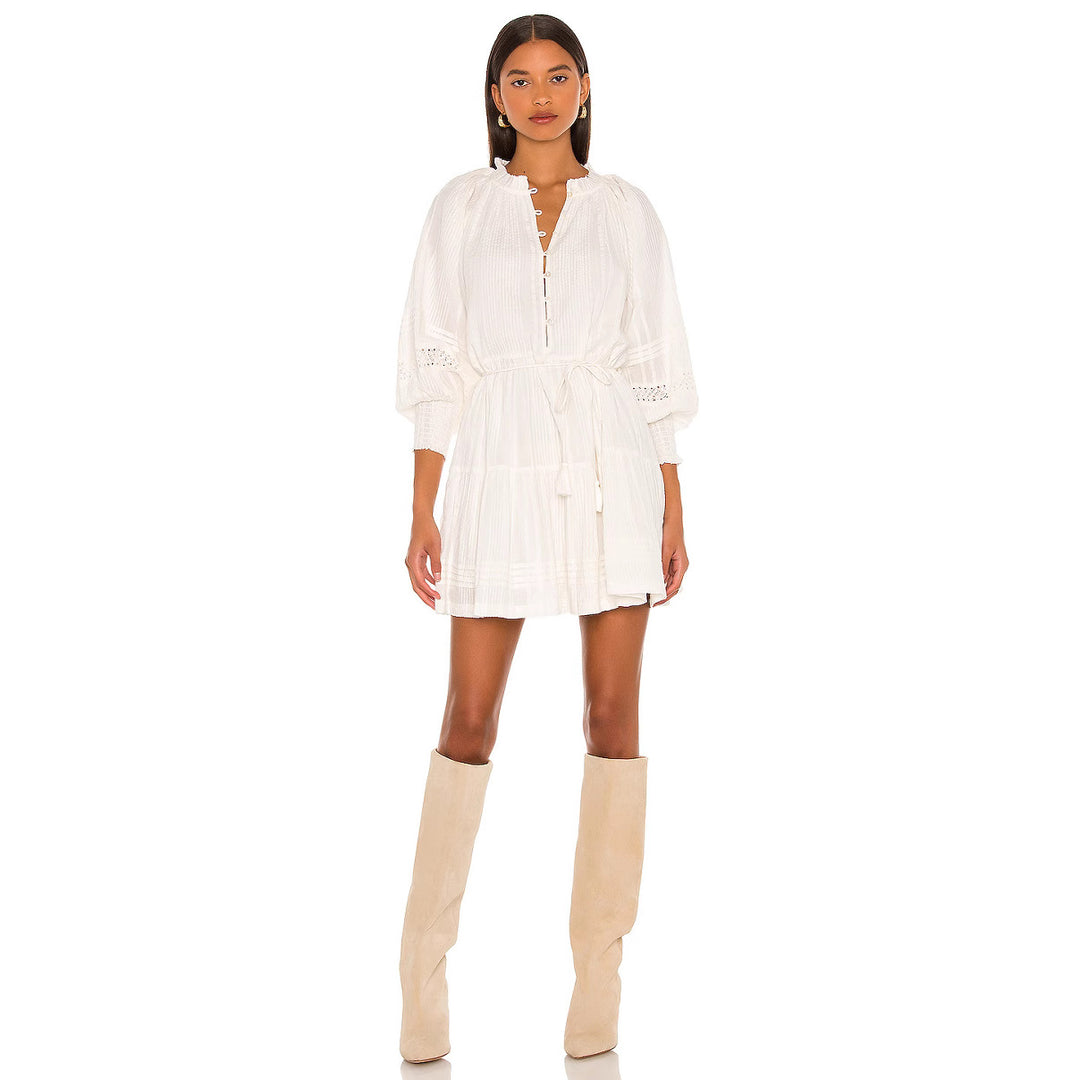 Damen luftiges Tunika-Kleid mit dekorativen Knopfdetails und Taillenzug Drune