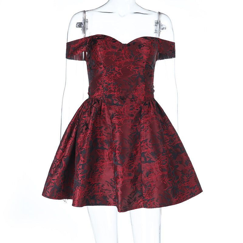 Damen schulterfreies Cocktailkleid mit Blumenmuster und voluminösem Rock Drune