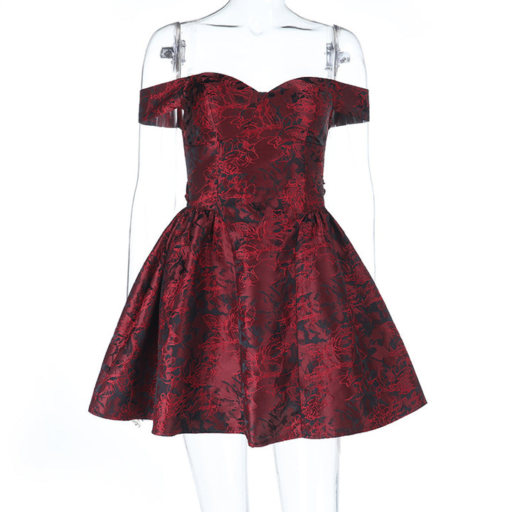 Damen Off-Shoulder Cocktailkleid mit floralem Jacquard-Muster Drune