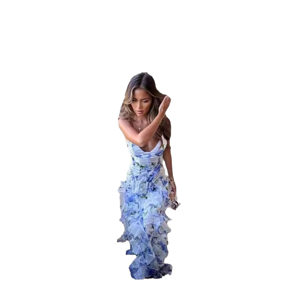 Damen Langarmkleid mit floralem Design und Rüschendetails Drune
