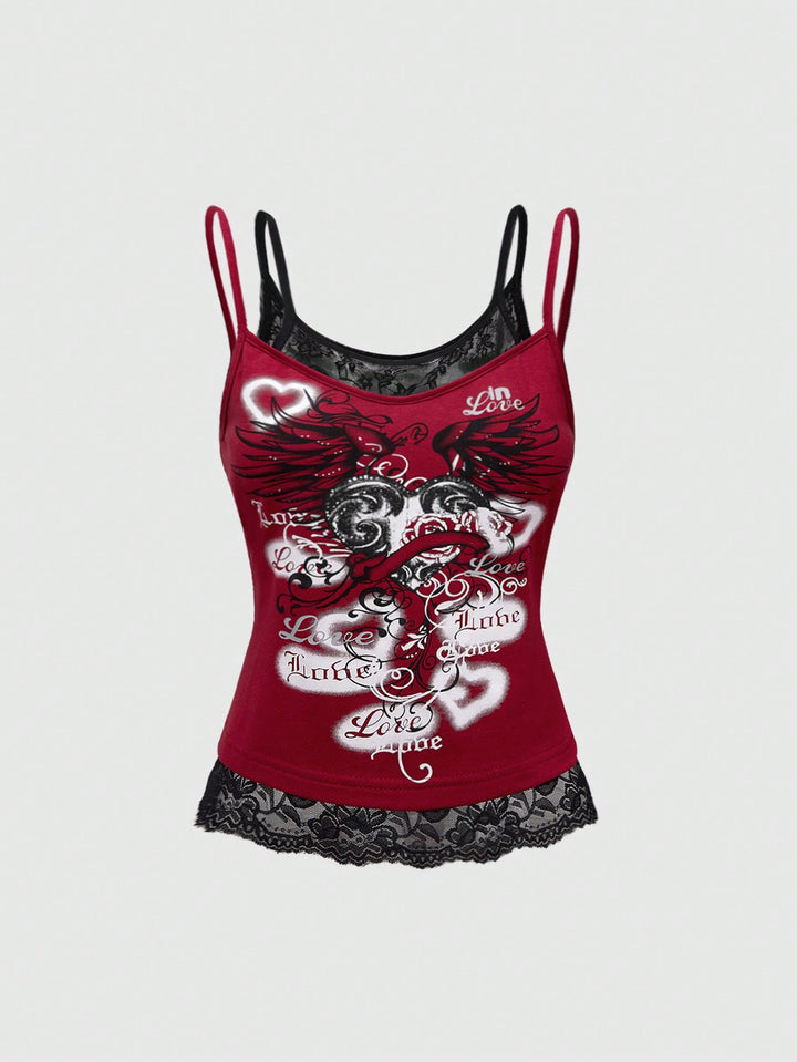 Damen Spitze Cami Top mit Grafischem Print Drune
