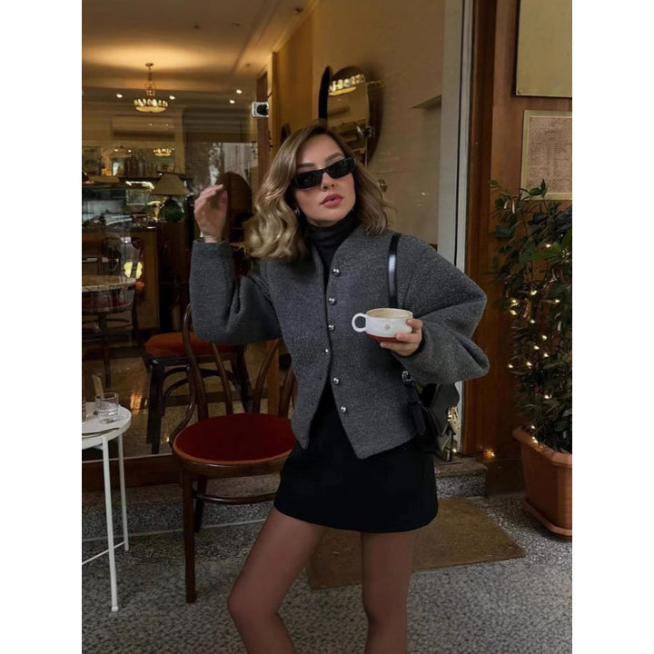 Damen zeitlose Strickjacke mit eleganten Knöpfen und voluminösen Ärmeln Drune