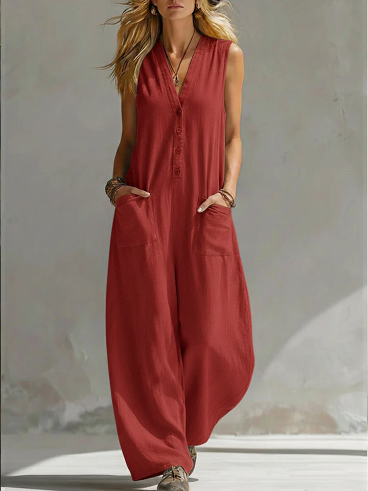 Damen Jumpsuit mit tiefem V-Ausschnitt und praktischen Taschen Drune
