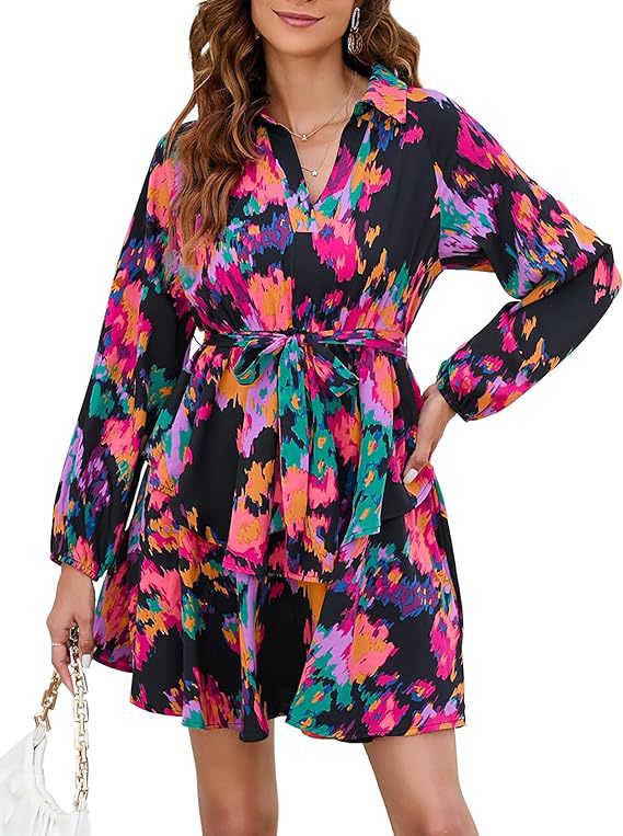 Damen Blusenkleid mit floralem Muster und Bindegürtel Drune