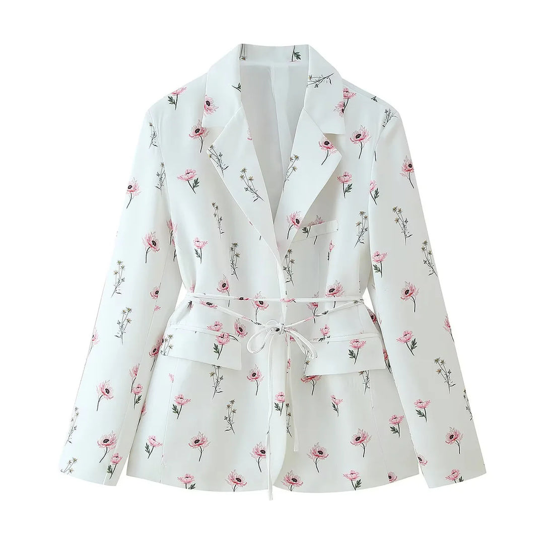 Damen elegante Blazerjacke mit floralem Muster und taillierbarem Gürtel Drune