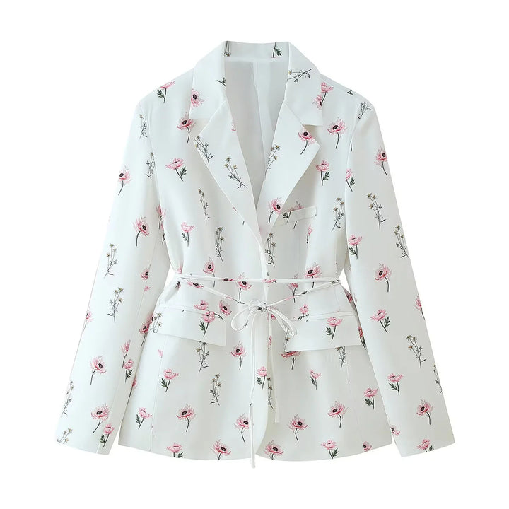 Damen elegante Blazerjacke mit floralem Muster und taillierbarem Gürtel Drune
