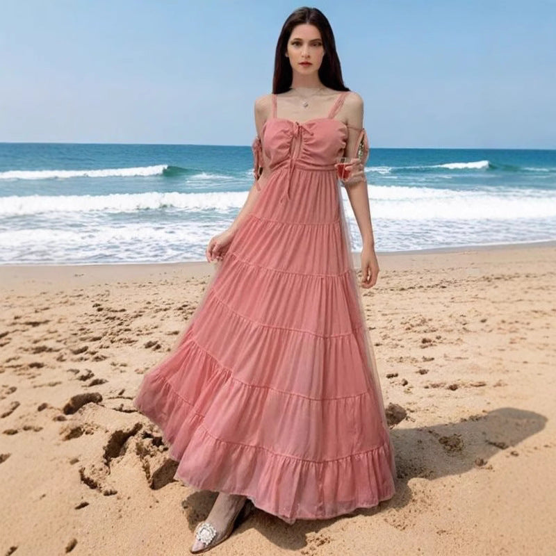 Damen Maxikleid mit rüschendem Design und schulterfreien Trägern Drune
