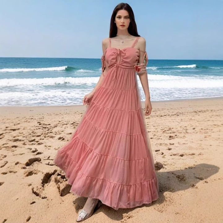 Damen Maxikleid mit rüschendem Design und schulterfreien Trägern Drune