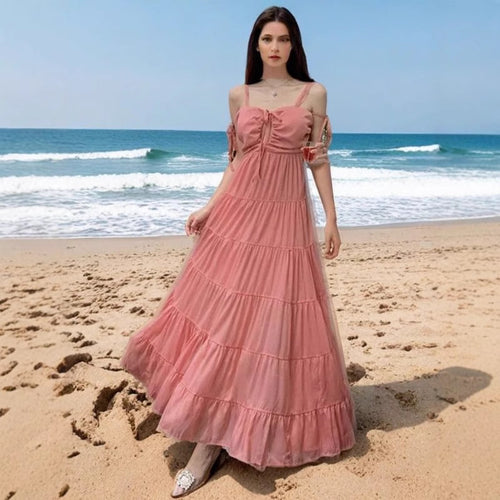 Damen Maxikleid mit rüschendem Design und schulterfreien Trägern Drune