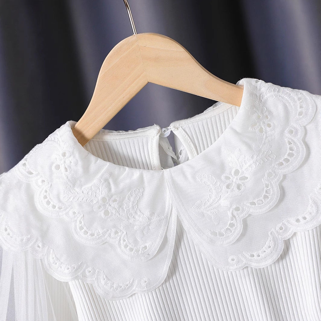 Mädchen modische Bluse mit elegantem Spitzenkragen und Tüllärmeln Drune