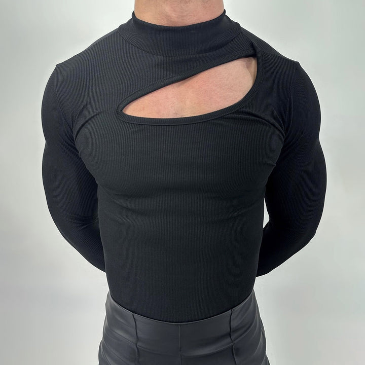 Damen nan eng anliegendes Langarm-Oberteil aus feinem Rippjersey mit asymmetrischem Schulter-Ausschnitt und hohem Kragen Drune