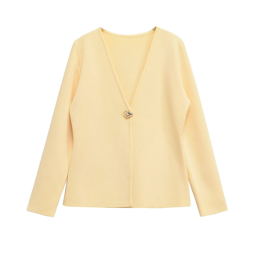 Damen elegante Strickjacke mit tiefem V-Ausschnitt und dekorativem Knopf Drune