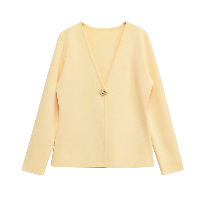 Damen elegante Strickjacke mit tiefem V-Ausschnitt und dekorativem Knopf Drune