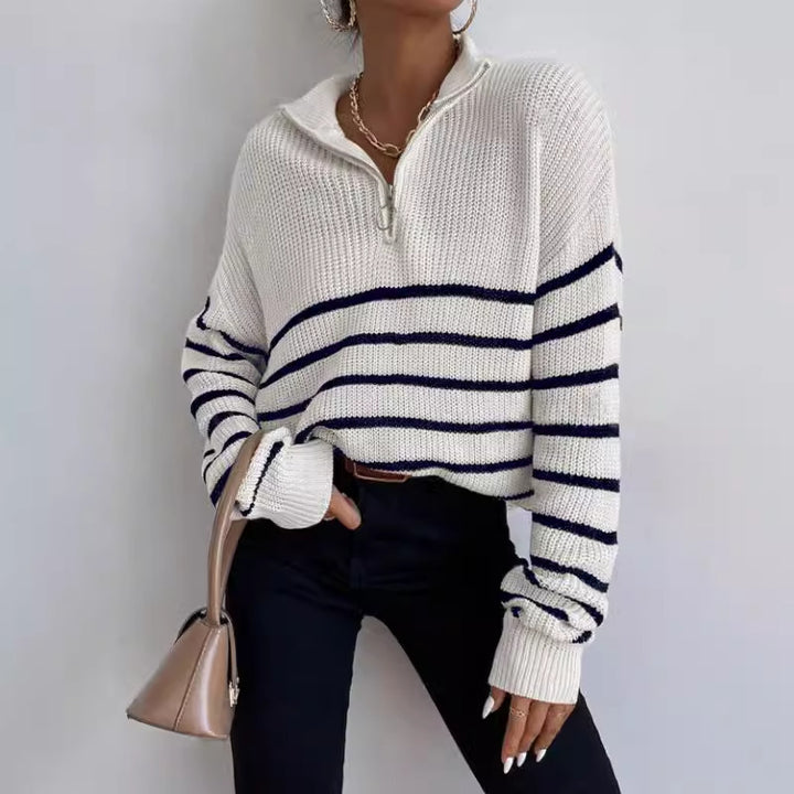 Damen Grob gestrickter Pullover mit Reißverschluss und breitem Streifenmuster Drune
