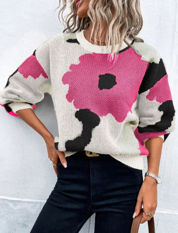 Drune | Pullover Pullover Strickstoff Lockere Passform Rundhals Ballonärmel Gemustert