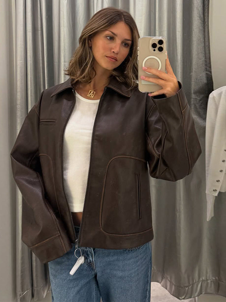 Damen modische Kunstlederjacke mit praktischen Eingrifftaschen und stylishen Details Drune