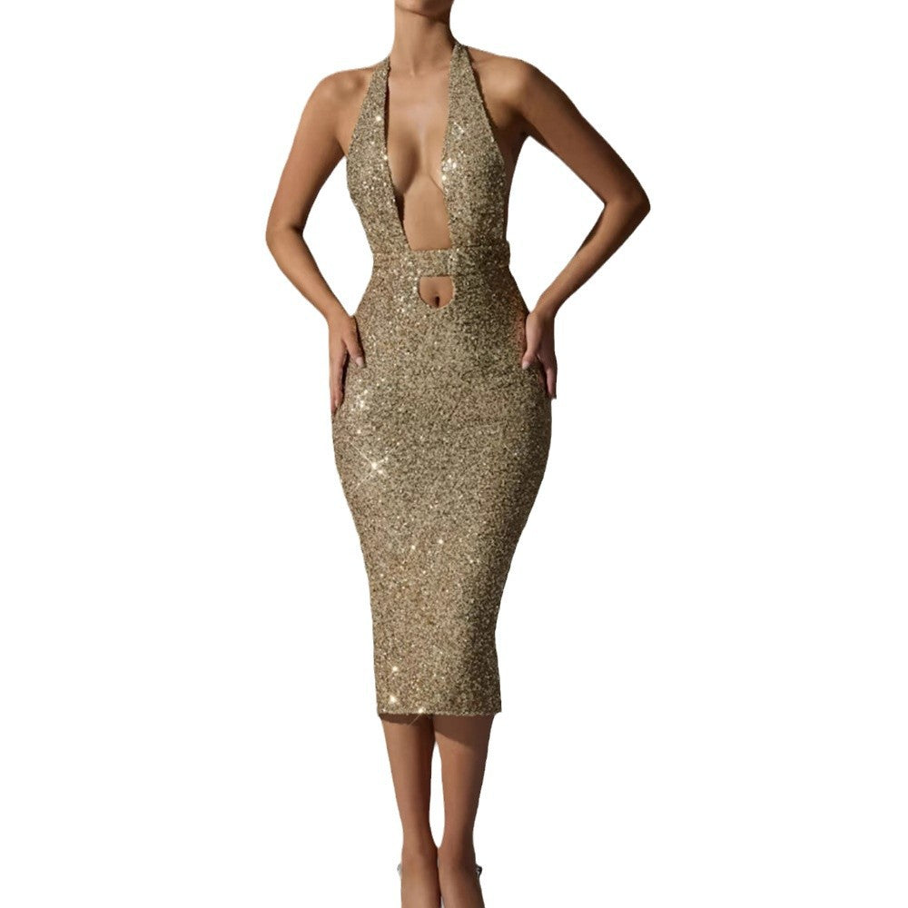 Damen Glamouröses Pailletten-Midi-Kleid mit tiefem V-Ausschnitt und figurbetonter Silhouette Drune