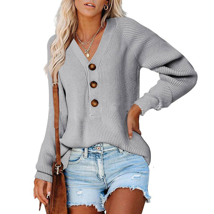 Damen V-Ausschnitt Pullover mit Holzknöpfen Drune