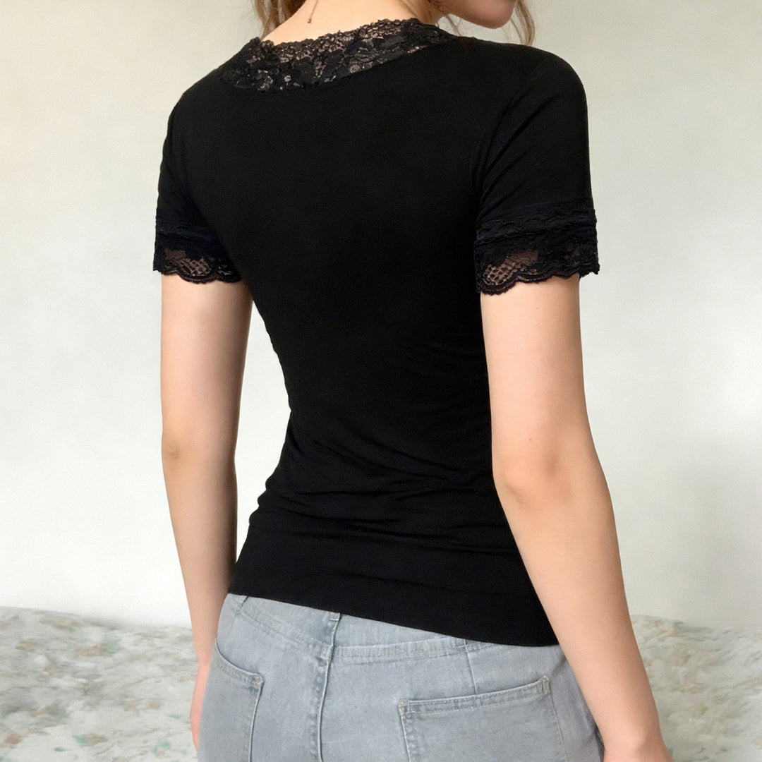 Damen Elegantes Spitzen-T-Shirt mit V-Ausschnitt und Kurzarm Drune