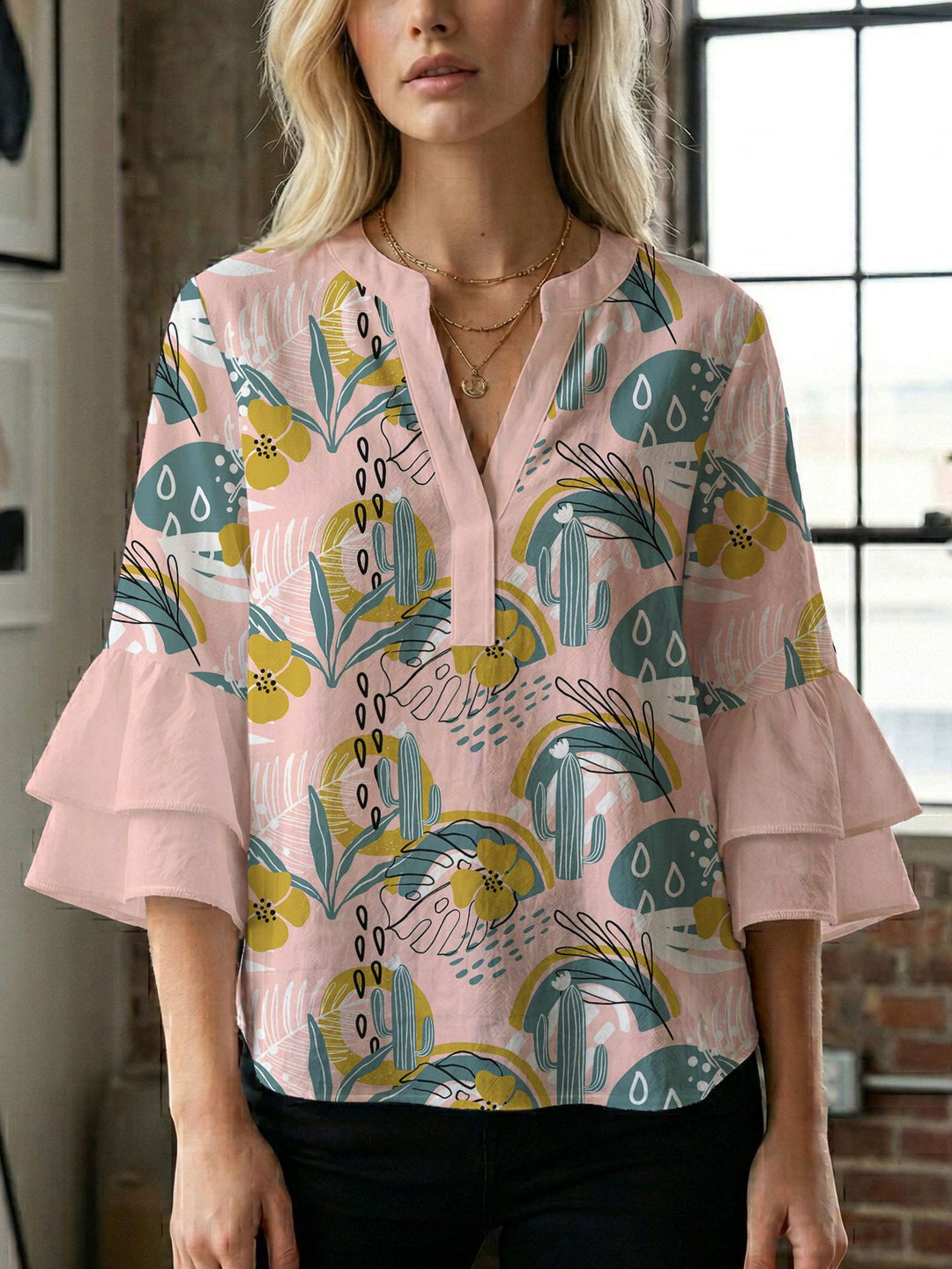 Damen Blusenshirt mit voluminösen Ärmeln und kreativem Druckdesign Drune