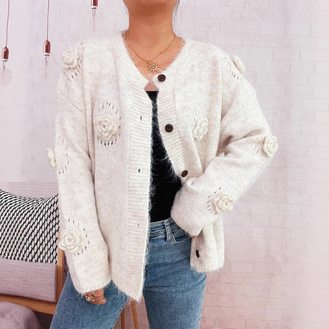 Damen Strickjacke mit floralen Applikationen und dekorativen Knöpfen Drune