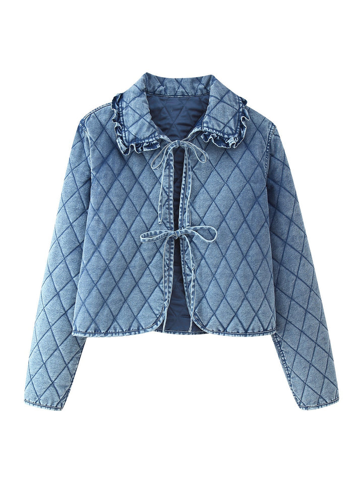Damen gesteppte Jeansjacke mit Rüschendetails und Bindeverschluss Drune