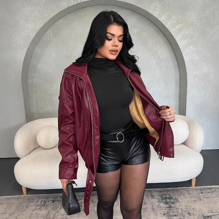Damen Kunstlederjacke mit figurbetontem Schnitt und dekorativem Gürtel Drune