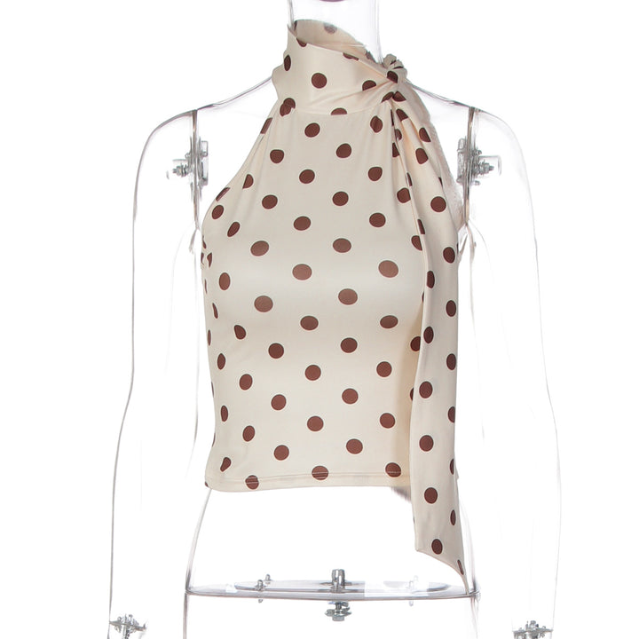 Damen asymmetrisches Polka-Dot-Top mit hohen Schnittlinien und elegantem Halterdesign Drune