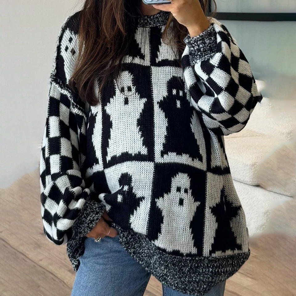 Damen Grobstrickpullover mit modernem Geistermotiv und lässigem Schnitt Drune