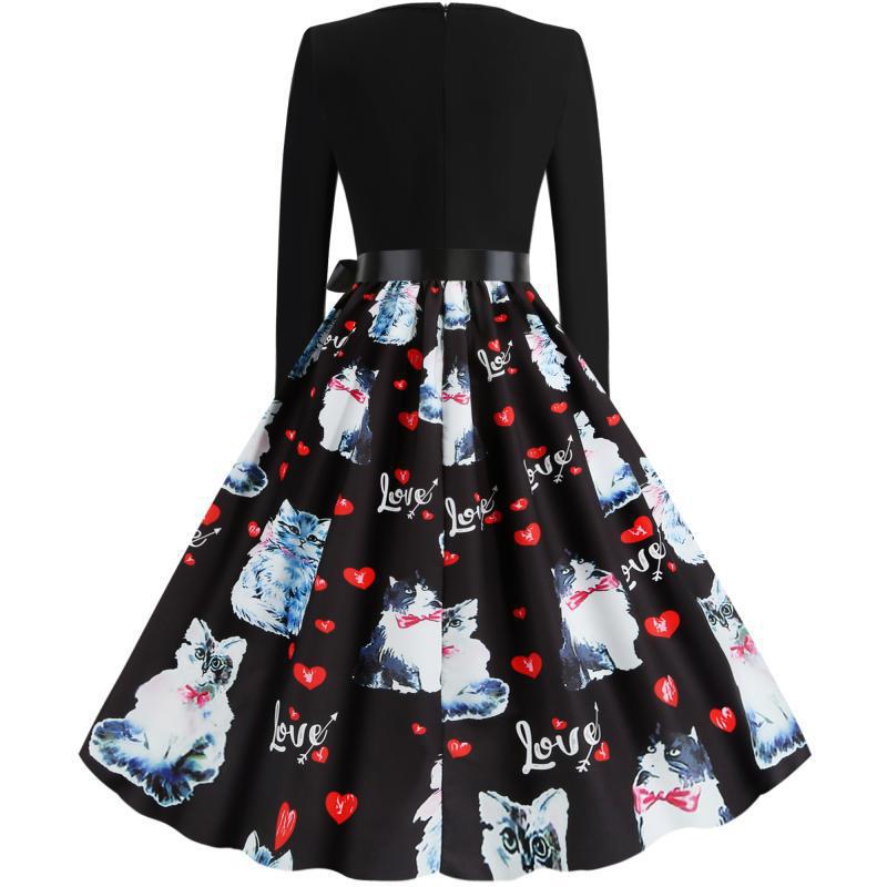 Damen Swingkleid mit Katzenmotiv und elegantem Gürtel Drune