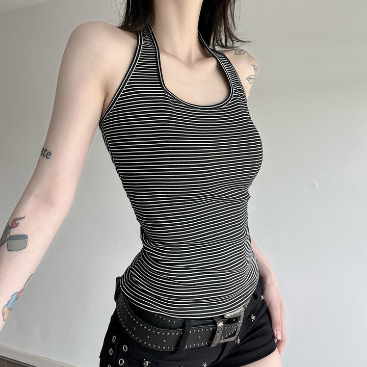 Damen Sportliches Haltertop mit breitem Kragen und feinen Streifen Drune