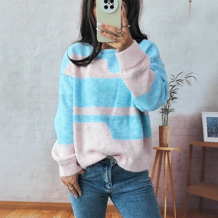 Damen gemütlicher Strickpullover mit modernen Blockstreifen Drune