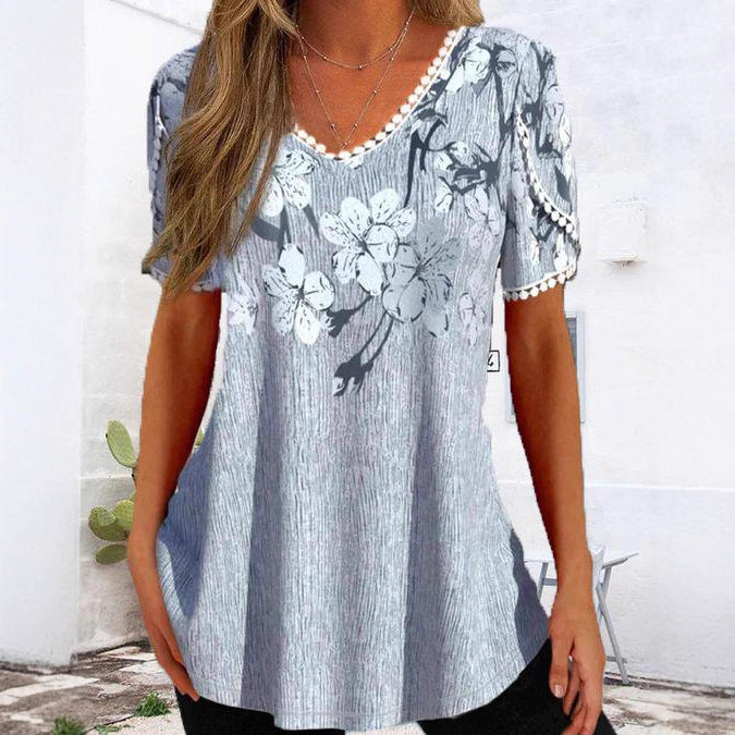 Damen nan legeres V-Ausschnitt-Tunikashirt mit floralem Muster und Pomponbesatz Drune