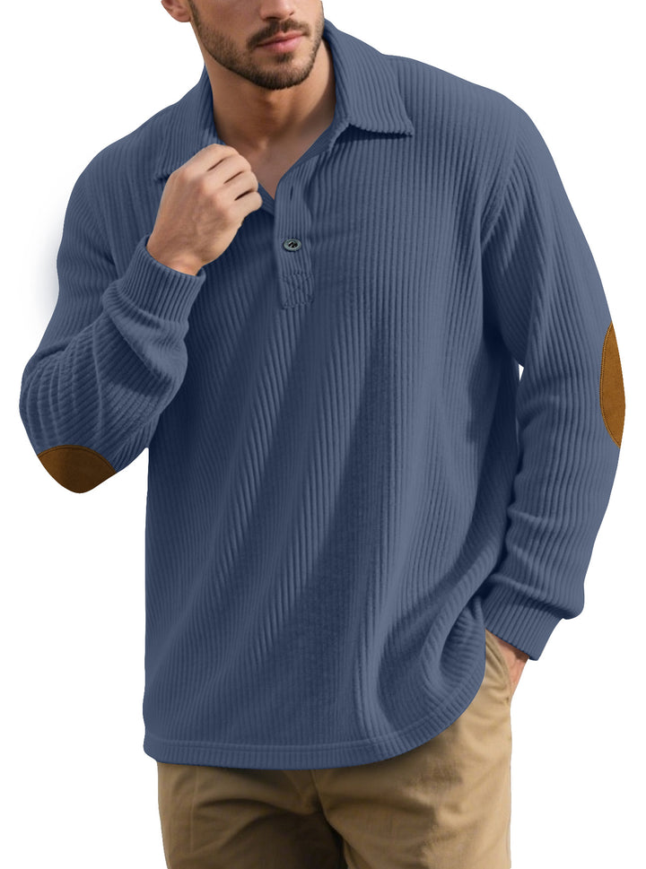 Herren nan gerippter Freizeit-Polo mit Kentkragen, kurzer Knopfleiste und Velours-Ellenbogenpatch Drune