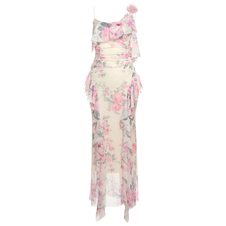 Damen Maxikleid mit floralem Rüschendesign und einem einseitigen Träger Drune