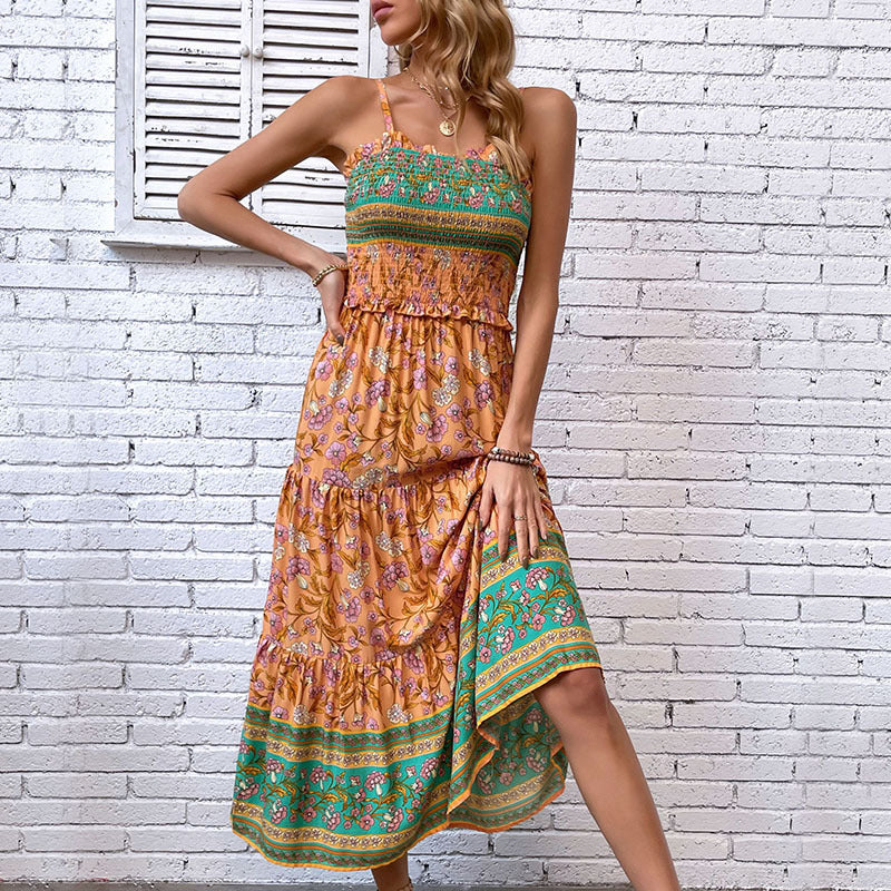 Damen Maxikleid mit elastischem Taillenzug und floralen Mustern Drune