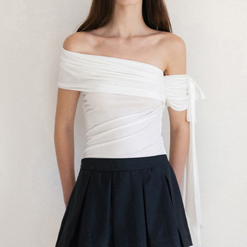 Damen Off-Shoulder Oberteil mit Rüschendetails und transparentem Ärmel Drune