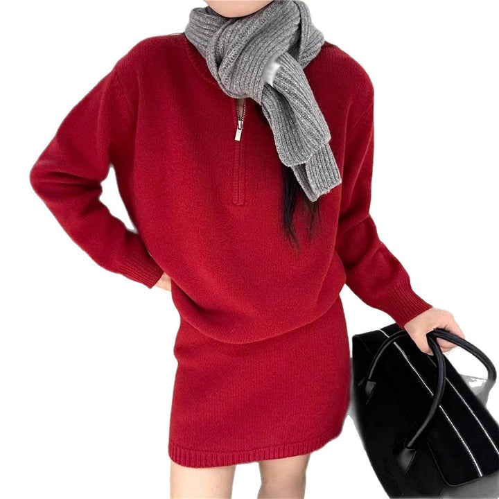 Damen modisches Strickpullover-Kleid mit hohem Kragen und Reißverschluss Drune