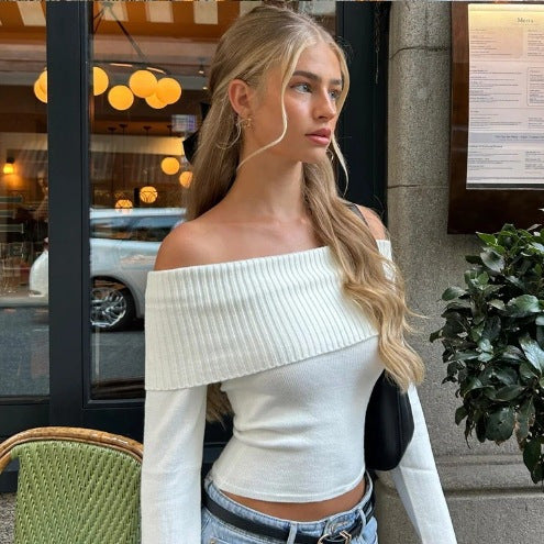 Damen Off-Shoulder Oberteil mit rippierter Struktur und figurbetonter Passform Drune