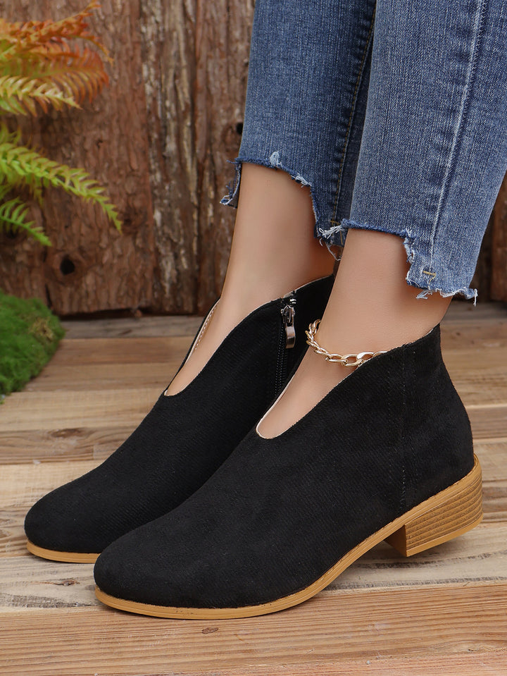 Damen nan V‑Ausschnitt Ankleboots aus Veloursoptik mit seitlichem Reißverschluss und niedriger Holzblocksohle Drune