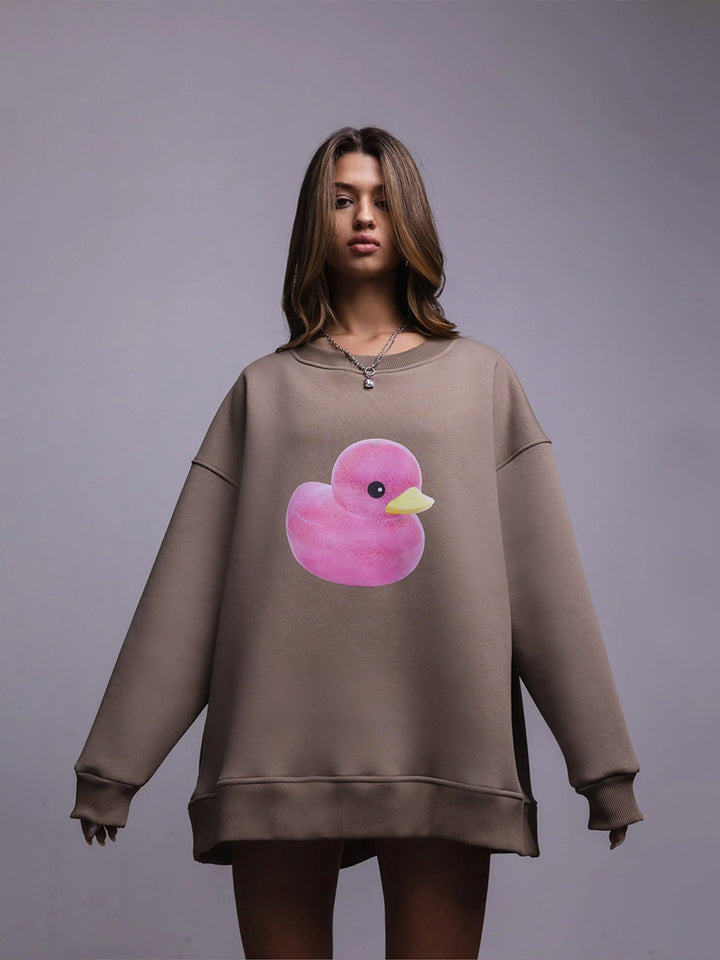 Damen Oversized Sweatshirt mit buntem Entenmotiv Drune